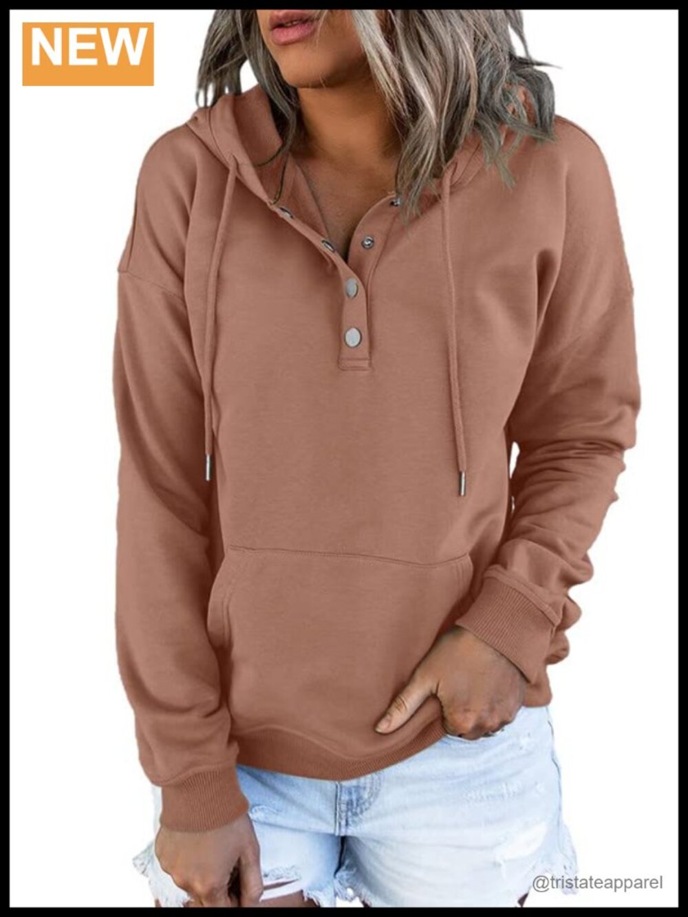 Women's Oversized Button V Neck Hoodie Sweatshirt with Kangaroo Pocket